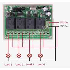 Многоканальное радио реле (4 канала) 12V 10А 433МГц. Беспроводной выключатель. Дистанционный переключатель. В комплекте пульт четыре кнопки.