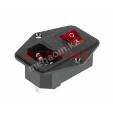Выключатель клавишный 250 V 6 А (4с) ON-OFF красный с подсветкой, c штекером C14 3PIN и держателем предохранителя 