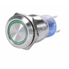Кнопка 19K-P11DZ антивандальная 19мм с подсветкой LED 12-24V 5pin 1NO 1NC IP67 с фиксацией зеленая  GREEN